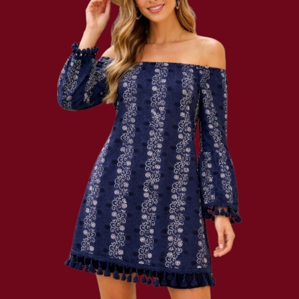 VELZERA Floral Embroidered Tassel Fringe Off Shoulder Bell Sleeve Festival Tunic